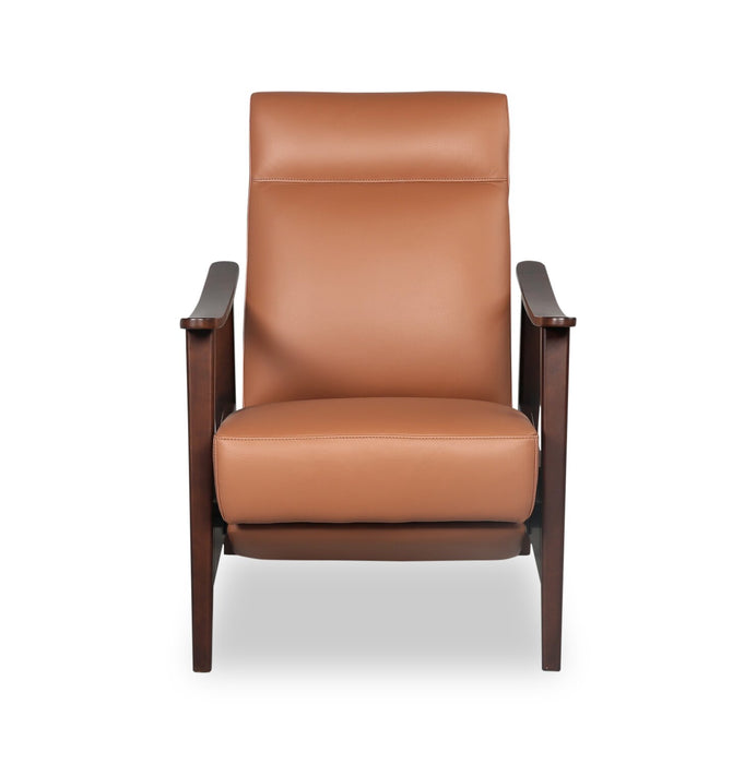 Aydin 27.5\" Genuine Leather Pushback Reclining Accent Chair with Wood Armrests and Legs - Camel Orange