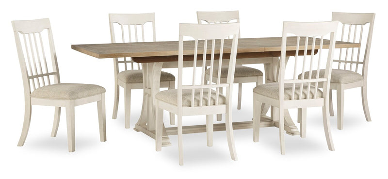 Quill 7pc Dining Set with Table & 6 Chairs, Trestle Base, 72-90\"W - Antique White & Brown