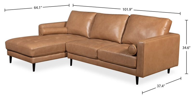 Edge 2-Piece Left-Facing Genuine Leather Sectional with Wood Legs and Removable Back Cushions - Brown