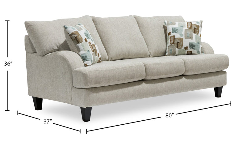 Made in Canada Nofia 80\" Chenille Fabric Sofa with Two Accent Pillows and Wood Legs - Linen Beige