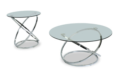 Hendrix 36" Modern 2-Pack Glass Top Coffee + End Table - Chrome with Metal Base | 2 tables modernes Hendrix de 36 po (table à café et table de bout) avec dessus en verre - chromées avec base en métal