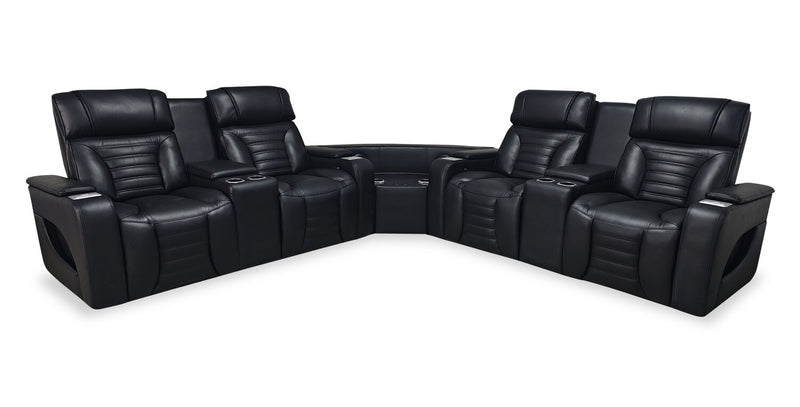 Zen 3-Piece Leather-Look Fabric Power Reclining Sectional with Massage and Two Refrigerator Consoles - Black