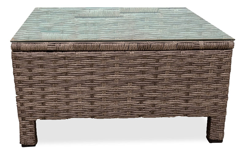 Miami 3-Piece Outdoor Patio Conversation Set with Sofa, Ottoman & Glass Top Coffee Table - Hand-Woven Resin Wicker, UV & Weather Resistant - Brown/Taupe