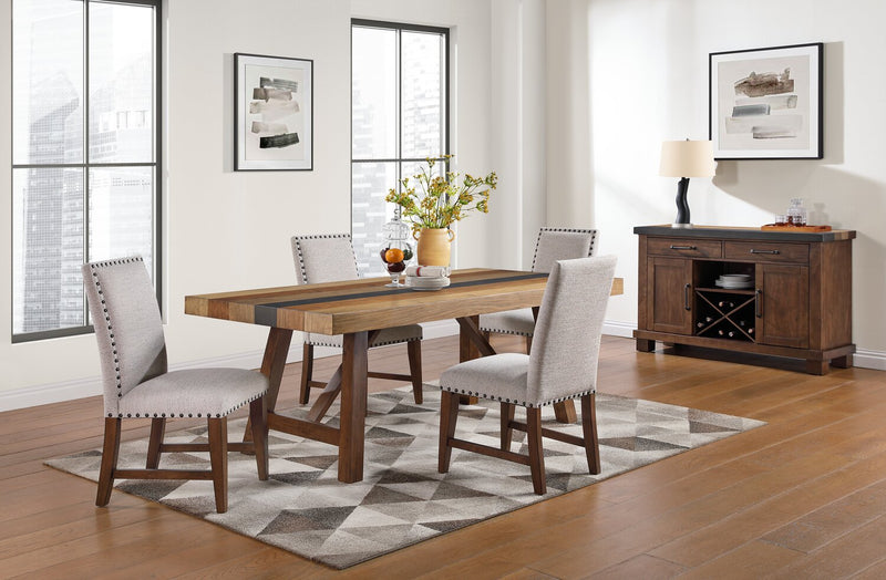 Boden 5pc Dining Set with Table & 4 Nailhead Trim Chairs, Trestle Base, 78\"W - Brown & Beige