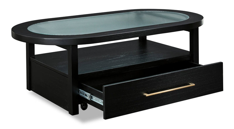 Julian 52” Contemporary Glass Coffee Table with Storage and Casters - Black