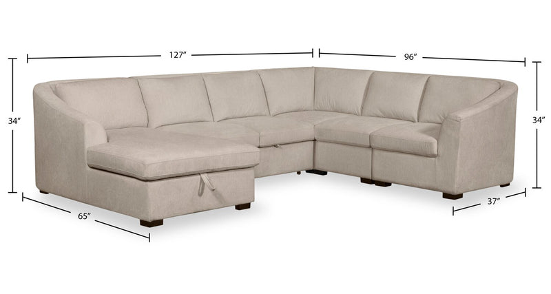 Envy 5-Piece Left-Facing Chenille Fabric Sleeper Sectional with Storage Chaise - Almond Beige