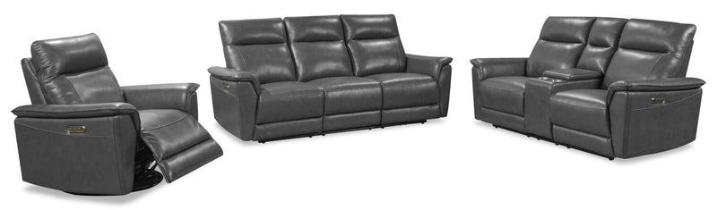 Chateau d’Ax Angelo 84.25\" Genuine Leather Power Reclining Sofa with Power Headrests - Grey