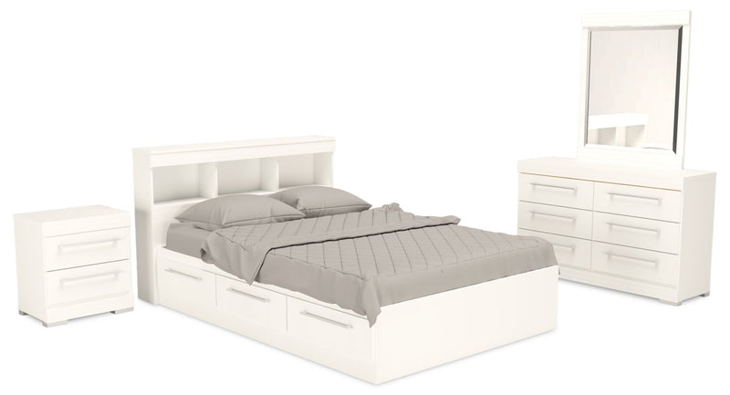 Riley Mates Bed 6pc Set with Bookcase Headboard, Dresser, Mirror & Nightstand, White - Full Size