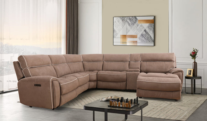 Cindy Crawford Home Newport 6-Piece Right-Facing Faux Suede Power Reclining Sectional with Armless Reclining Chair – Taupe