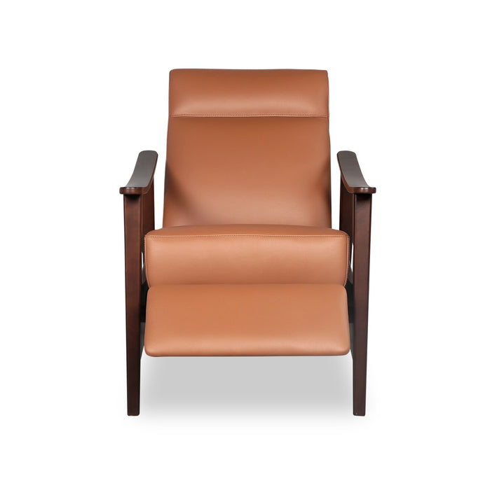 Aydin 27.5\" Genuine Leather Pushback Reclining Accent Chair with Wood Armrests and Legs - Camel Orange