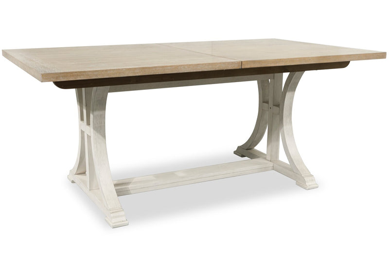 Quill Dining Table with Trestle Base, 72-90\"W - Antique White & Brown