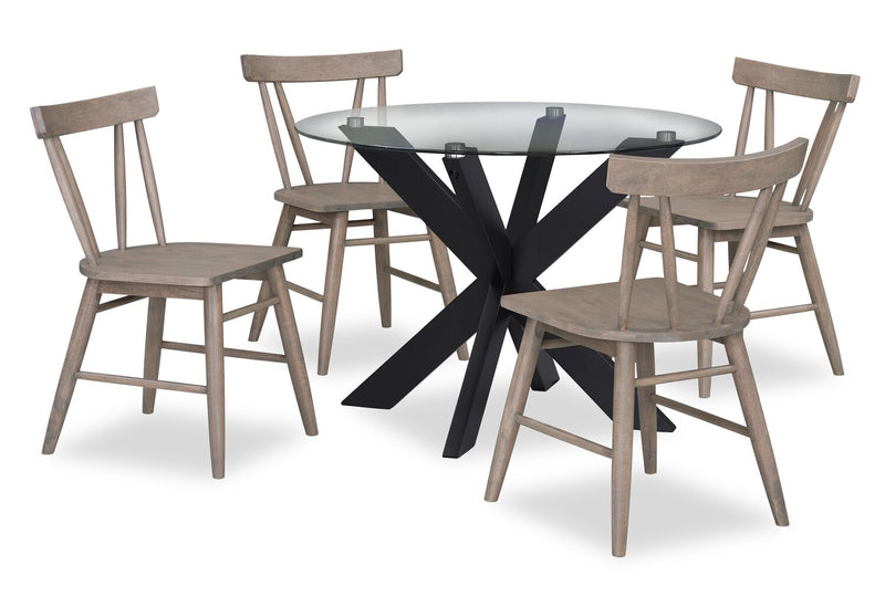 Remi 5pc Dining Set with Table & 4 Slat-Back Chairs, Glass & Wood, 42\"W Round- Black & Brown