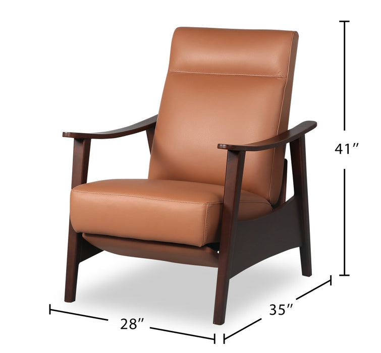 Aydin 27.5\" Genuine Leather Pushback Reclining Accent Chair with Wood Armrests and Legs - Camel Orange