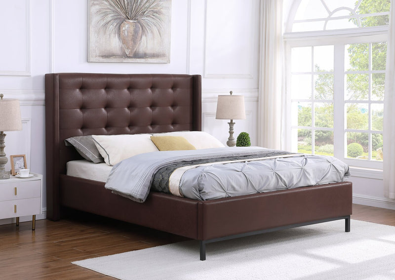 Hugo Upholstered Platform Bed in Brown Vegan-Leather Fabric, Tufted - Queen Size