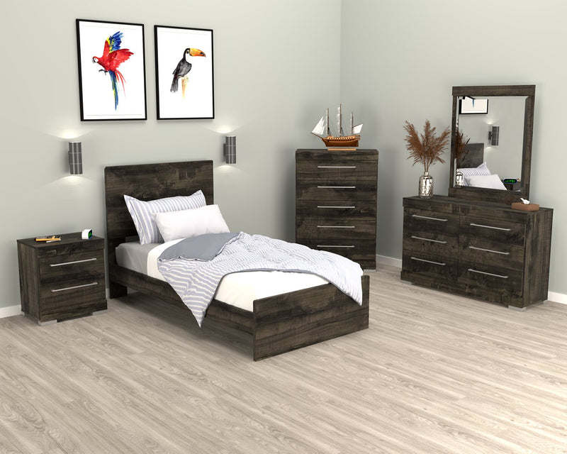 Riley 6pc Bedroom Set with Panel Bed, Dresser, Mirror & Nightstand, Made in Canada, Grey - Twin Size