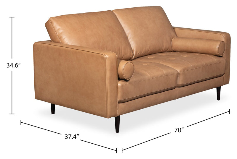 Edge 70\" Genuine Leather Loveseat with Wood Legs and Removable Back Cushions - Brown