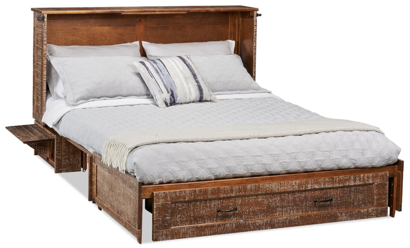 Parker Cabinet Bed with Memory Foam Mattress,  Weathered Brown - Queen Size