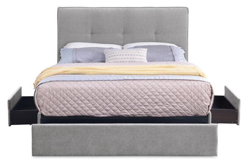 Amos Upholstered Storage Bed in Grey Fabric with Tufted Headboard & 3 Built-in Drawers - King Size