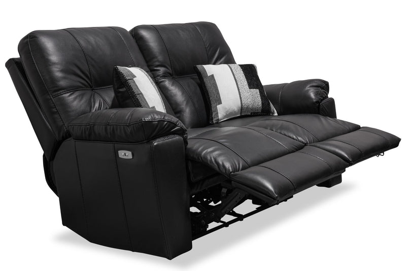 Made in Canada Dawson 64\" Genuine Leather Power Reclining Loveseat with USB Port and Accent Pillows – Black