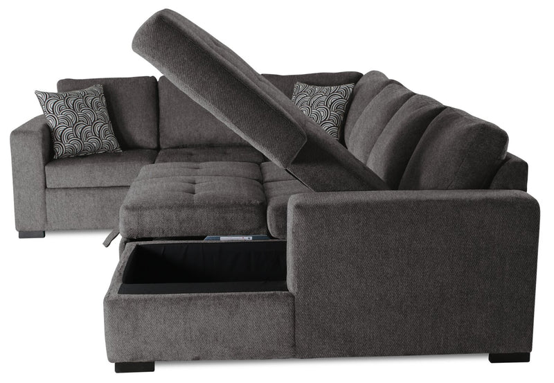 Made in Canada Legend 4-Piece Right-Facing Chenille Fabric Sleeper Sectional with Storage Chaise - Pewter Brown