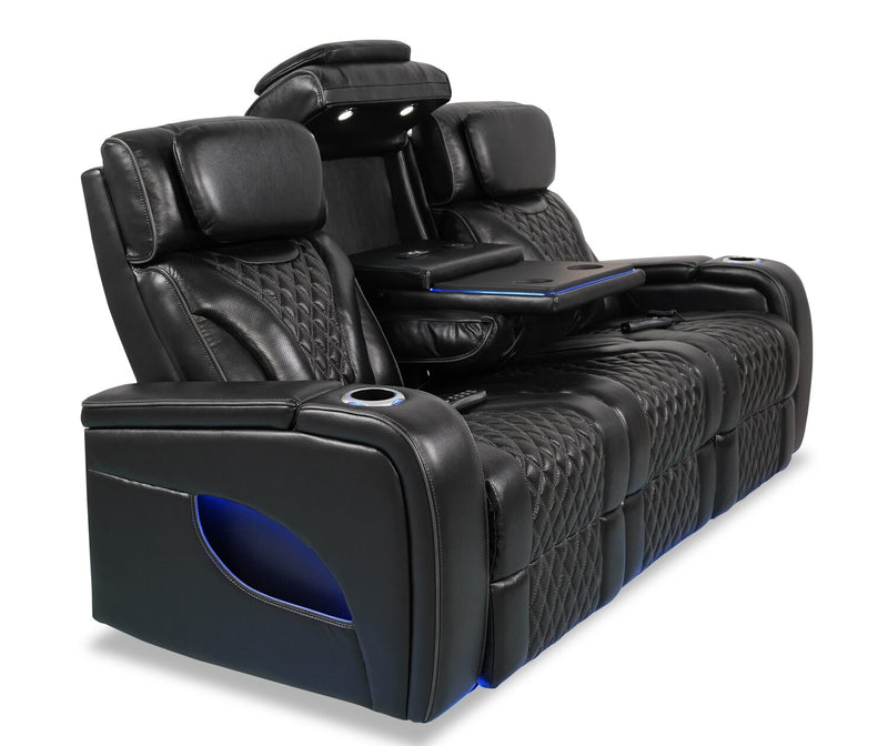Elite 86\" Genuine Leather Massage Power Reclining Sofa with Power Headrests and Storage Arms - Black