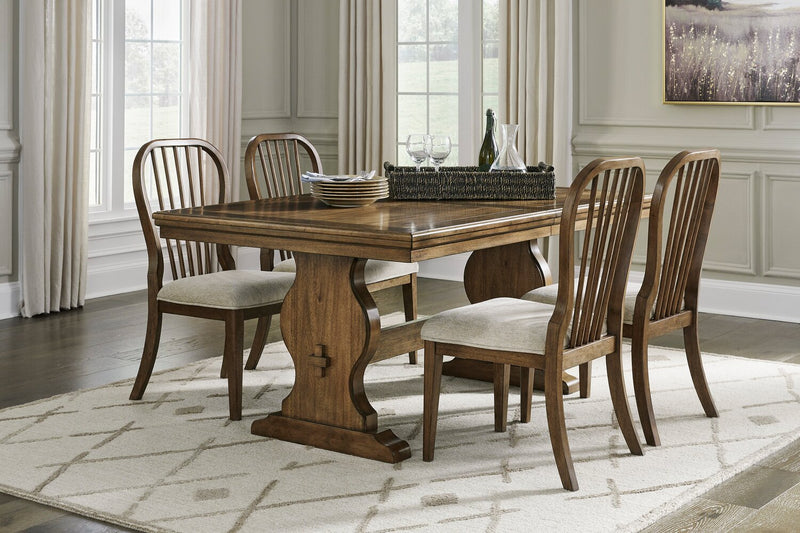 Clara Dining Table with 68-86\"W Extension, Trestle Base - Brown
