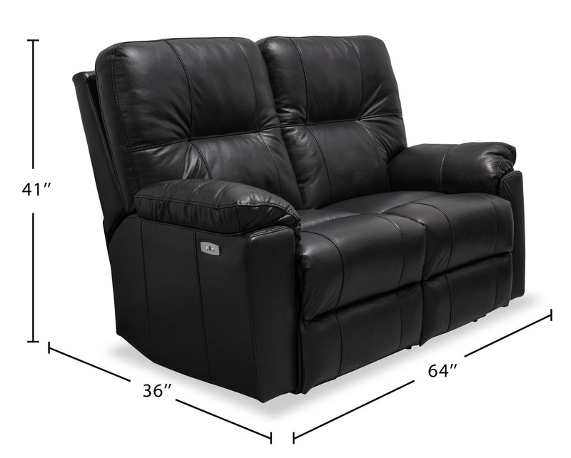 Made in Canada Dawson 64\" Genuine Leather Power Reclining Loveseat with USB Port and Accent Pillows – Black