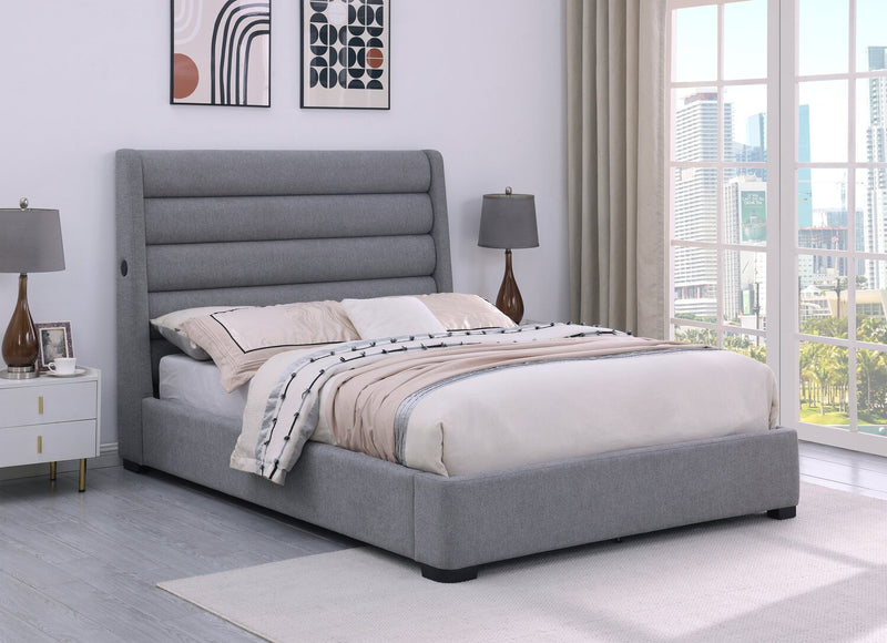 Jade Upholstered Platform Bed with USB Ports in Grey Fabric - Queen Size