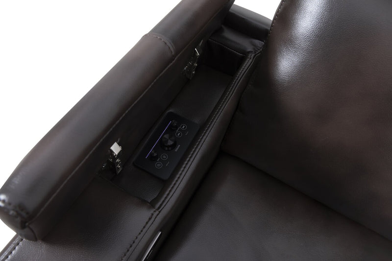 Scott Living Escape 39\" Power Reclining Chair with Power Headrest and Surround Sound - Dark Brown Leather-Look Fabric