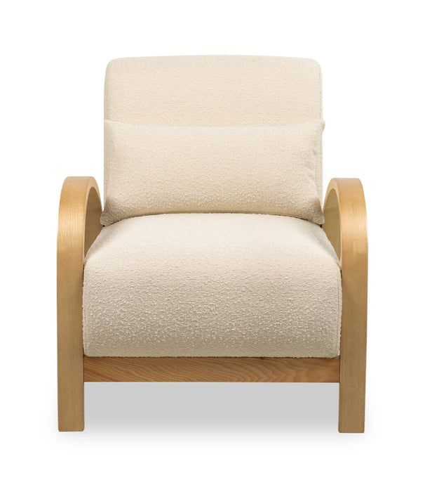 Loft 27.55\" Boucle Fabric Accent Chair with Accent Pillow and Wood Armrests and Legs - White