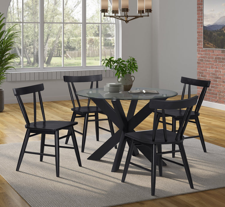Remi 5pc Dining Set with Table & 4 Slat-Back Chairs, Glass & Wood, 42\"W Round - Black