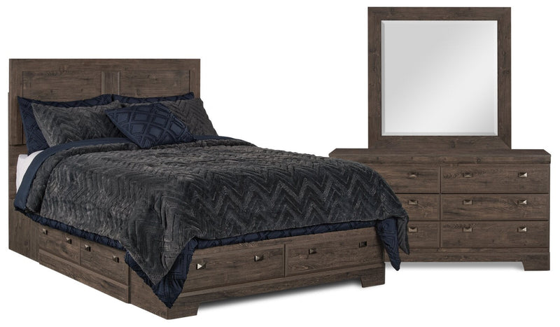 Yorkdale 5pc Bedroom Set with 6-Drawer Storage Bed, Dresser & Mirror, Grey - Full Size