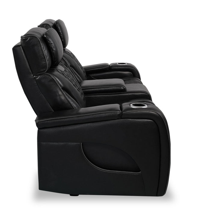 Elite 74\" Genuine Leather Massage Power Reclining Loveseat with Power Headrests and Storage Arms - Black