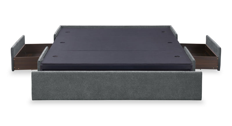 Amos Upholstered Storage Bed in Charcoal Fabric with Channelled Headboard & 3 Built-in Drawers - Queen Size