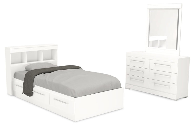 Riley Mates Bed 5pc Set with Bookcase Headboard, Dresser & Mirror, White - Twin Size
