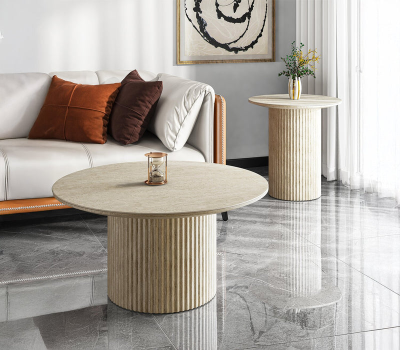 Sullivan 35.43\" Round Coffee Table with Sintered Stone Top - Beige Travertine