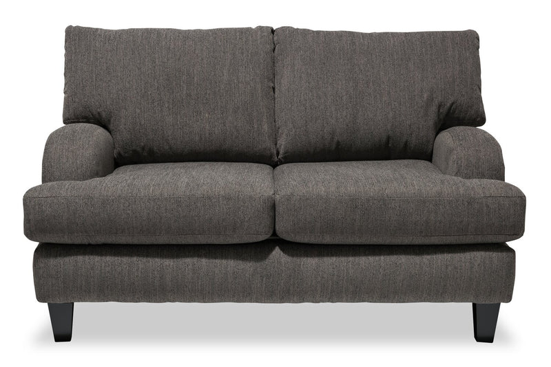 Made in Canada Nofia 58\" Chenille Fabric Loveseat with Two Accent Pillows and Wood Legs - Charcoal Grey
