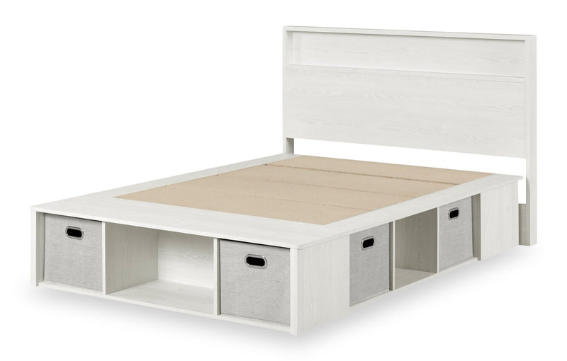 Everley Platform Bed Set with Panel Headboard, Built-in Storage & Baskets, White - Full Size