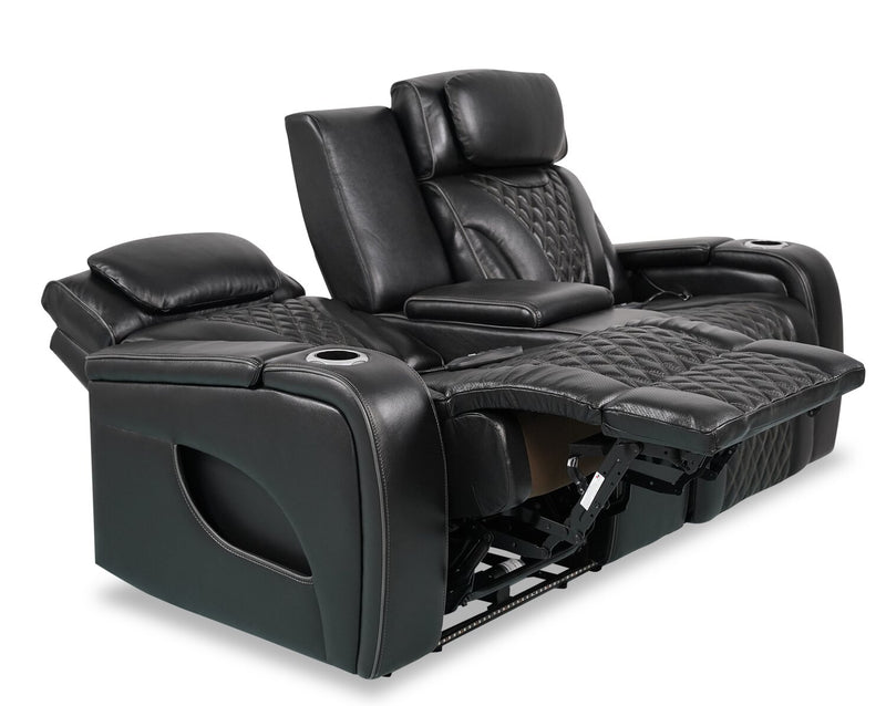 Elite 74\" Genuine Leather Massage Power Reclining Loveseat with Power Headrests and Storage Arms - Black