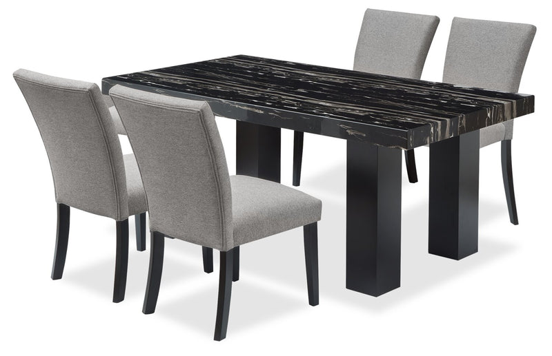 Burk 5pc Dining Set with Table & 4 Chairs, Resin Marble-Look Top, 72\"W - Black/Grey