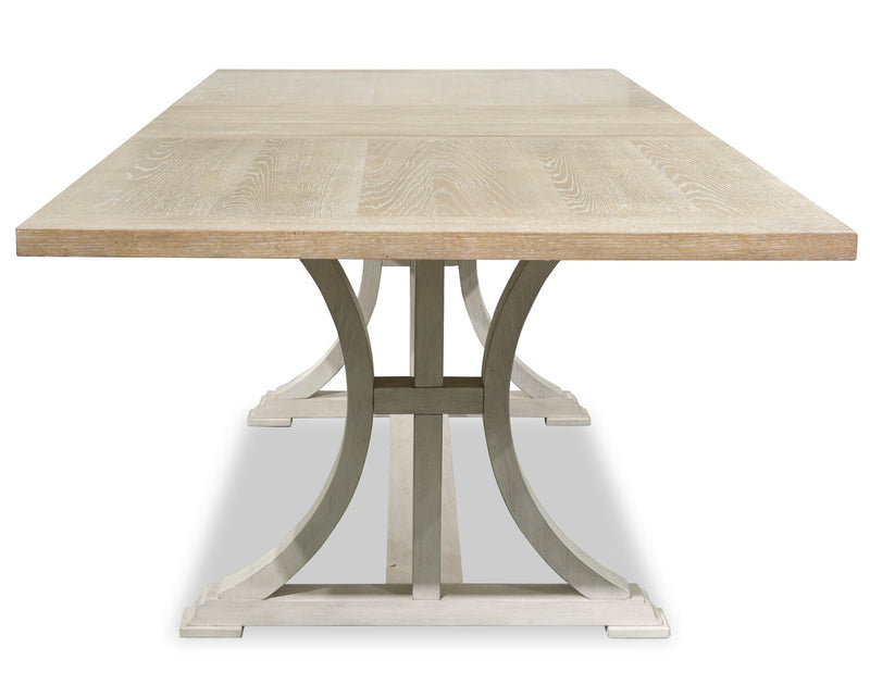 Quill Dining Table with Trestle Base, 72-90\"W - Antique White & Brown