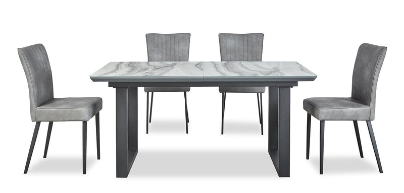 Ezra 5pc Dining Package with 63-79\"W Extension Table & 4 Chairs - Faux White Marble & Grey
