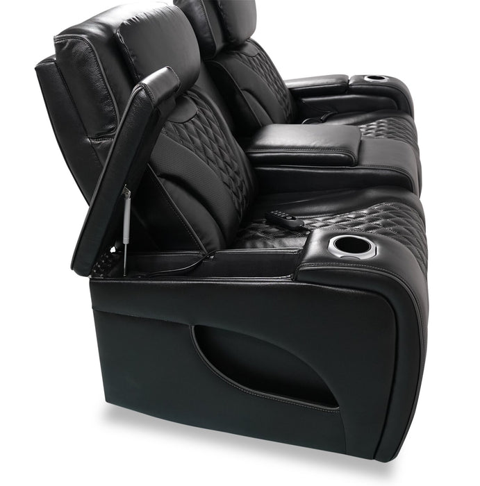 Elite 74\" Genuine Leather Massage Power Reclining Loveseat with Power Headrests and Storage Arms - Black