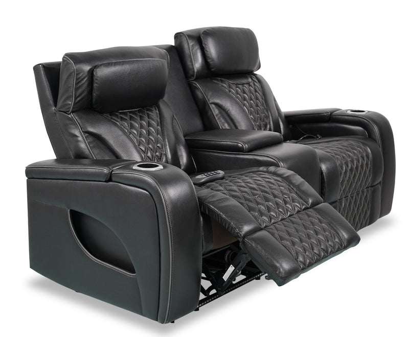 Elite 74\" Genuine Leather Massage Power Reclining Loveseat with Power Headrests and Storage Arms - Black