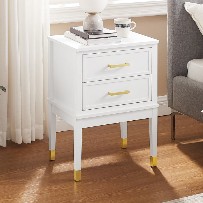 Alia Bedside 2-Drawer Nightstand with Gold Accent, 18\"W x 25.75\"H - White