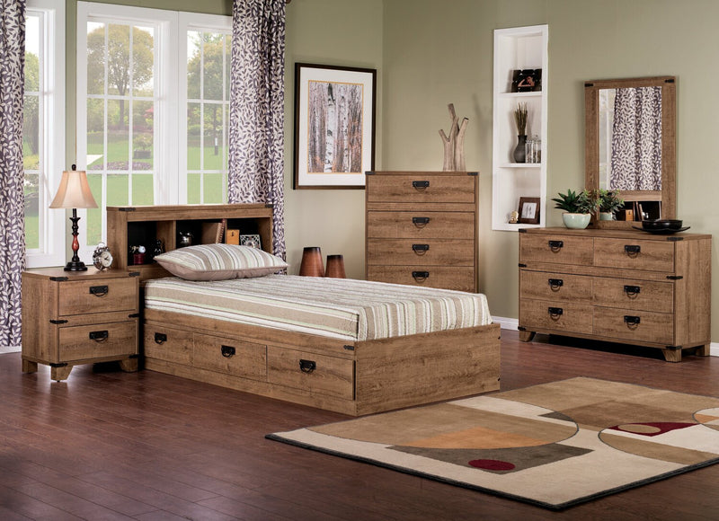 Driftwood Mates Bed 5pc Set with Storage Headboard, Dresser & Mirror, Brown - Twin Size