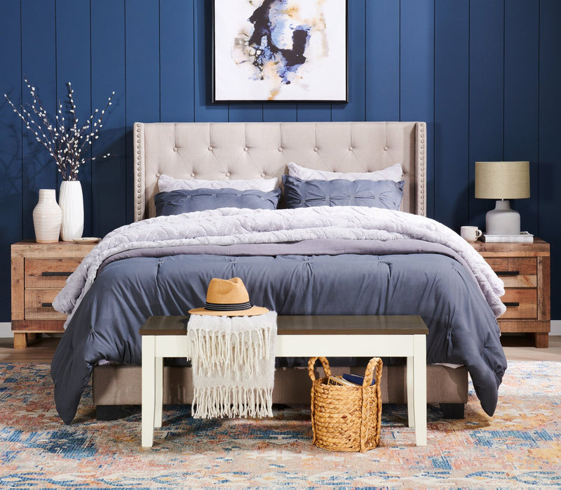 Brady Upholstered Wingback Bed in Light Grey Fabric with Nailhead Design, Button Tufted - King Size