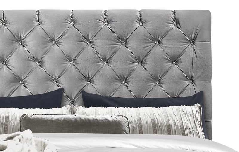 Candace Upholstered Bed in Velvet Grey Fabric, Button Tufted - Queen Size