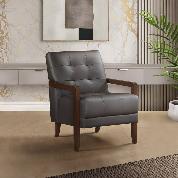 Enzo 26\" Genuine Leather Accent Chair with Biscuit Tufting, Track Arms and Wood Legs - Dark Brown