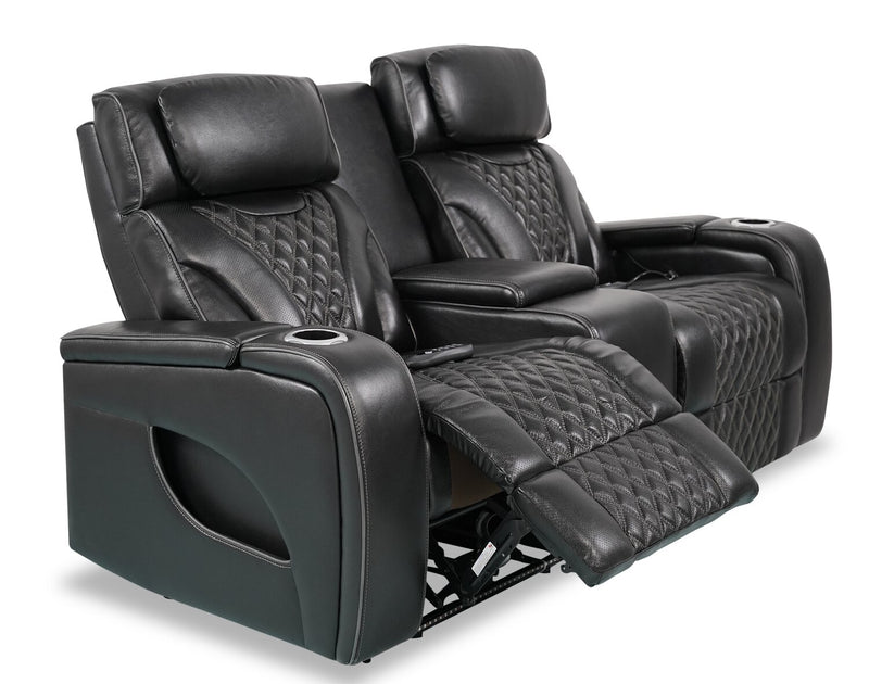 Elite 74\" Genuine Leather Massage Power Reclining Loveseat with Power Headrests and Storage Arms - Black